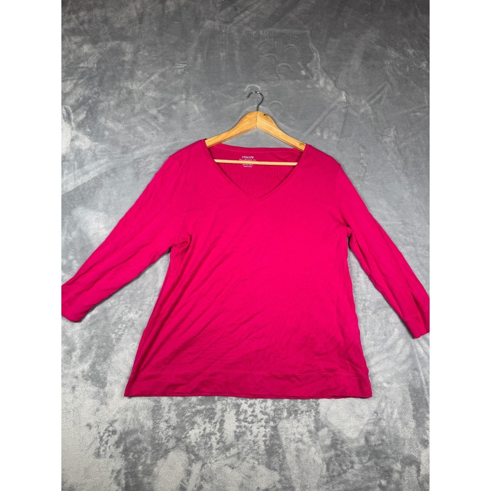 Chico's The Ultimate Tee Womens 2 Pink Pima Cotton Long Sleeve Classic V Neck